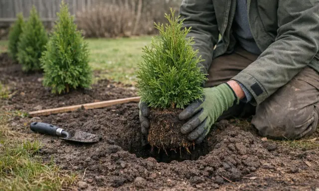 Person planterar thuja mot granne. En spade ligger bredvid det nygrävda hålet.