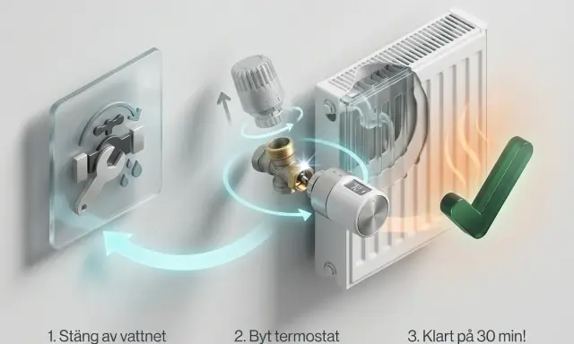 Steg-för-steg-guide för att byta termostat på elementet. Stäng av vattnet, byt termostat, klart på 30 min! Nu slipper du ha det kallt.