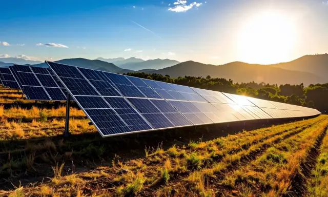 Solceller brf i solnedgången, med berg i bakgrunden. En grön och hållbar framtid för föreningen.
