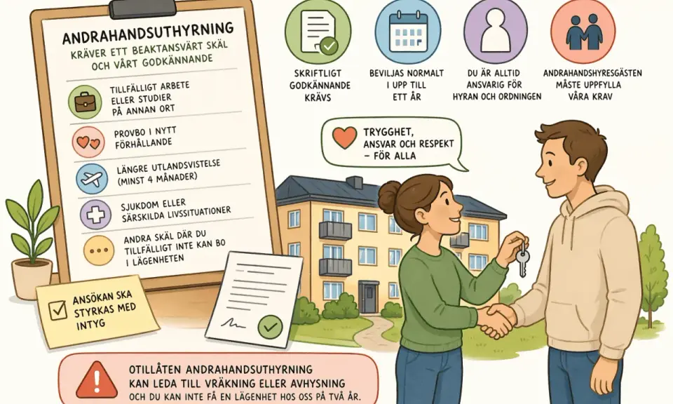 En kvinna ger en nyckel till en man framför ett hyreshus. Texten varnar för otillåten andrahandsuthyrning.