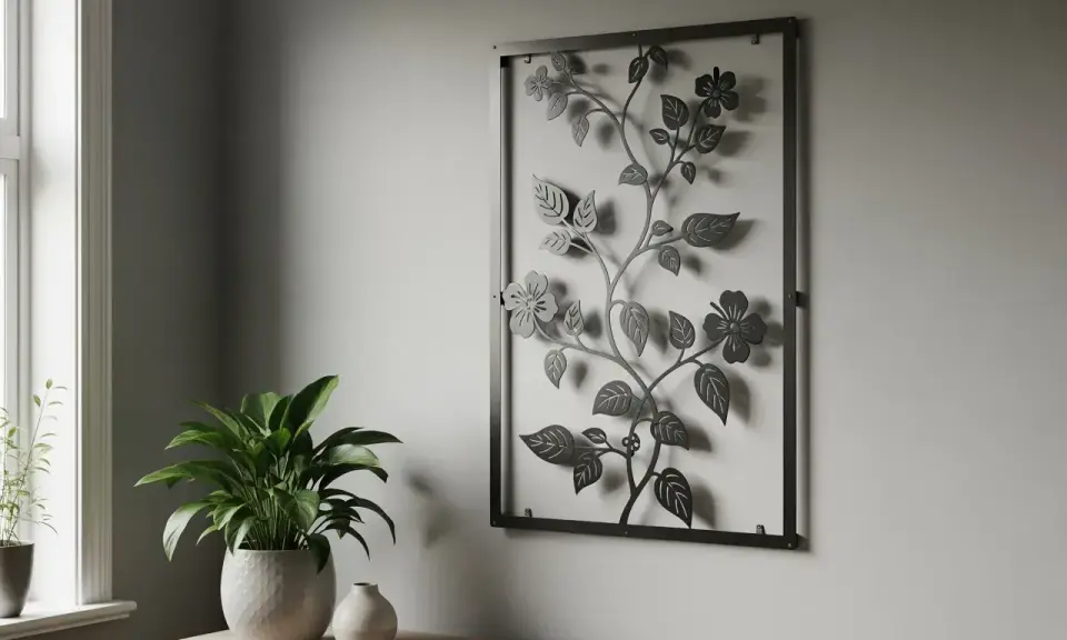 Väggdekoration i metall med blommor och blad, perfekt för att förhöja din inredning. Gröna växter och en vas bidrar till en lugn atmosfär.