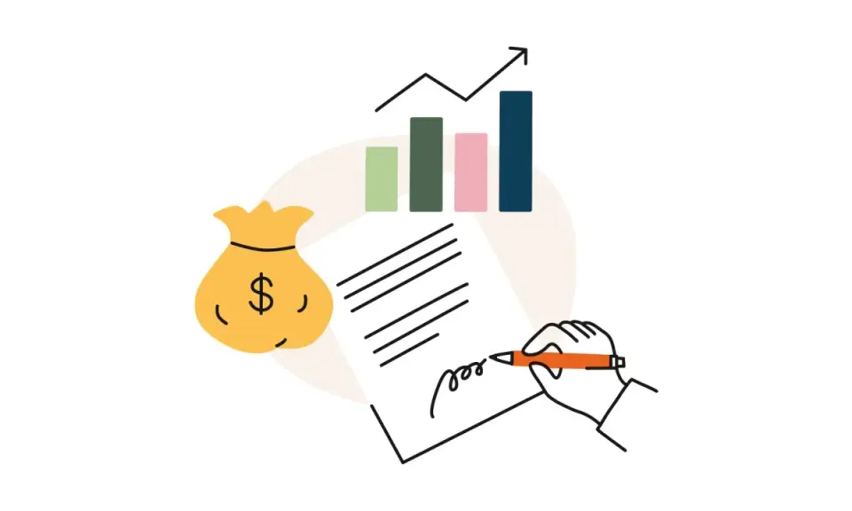 En påse pengar, ett diagram som visar tillväxt och en hand som skriver på ett dokument. Allt pekar mot en stabil budget för brf.
