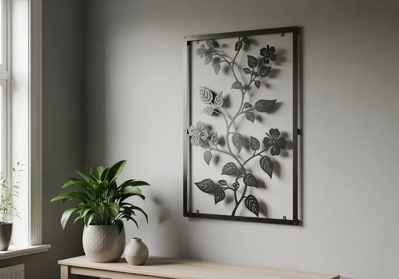 Väggdekoration i metall med blommor och blad, perfekt för att förhöja din inredning. Gröna växter och en vas bidrar till en lugn atmosfär.