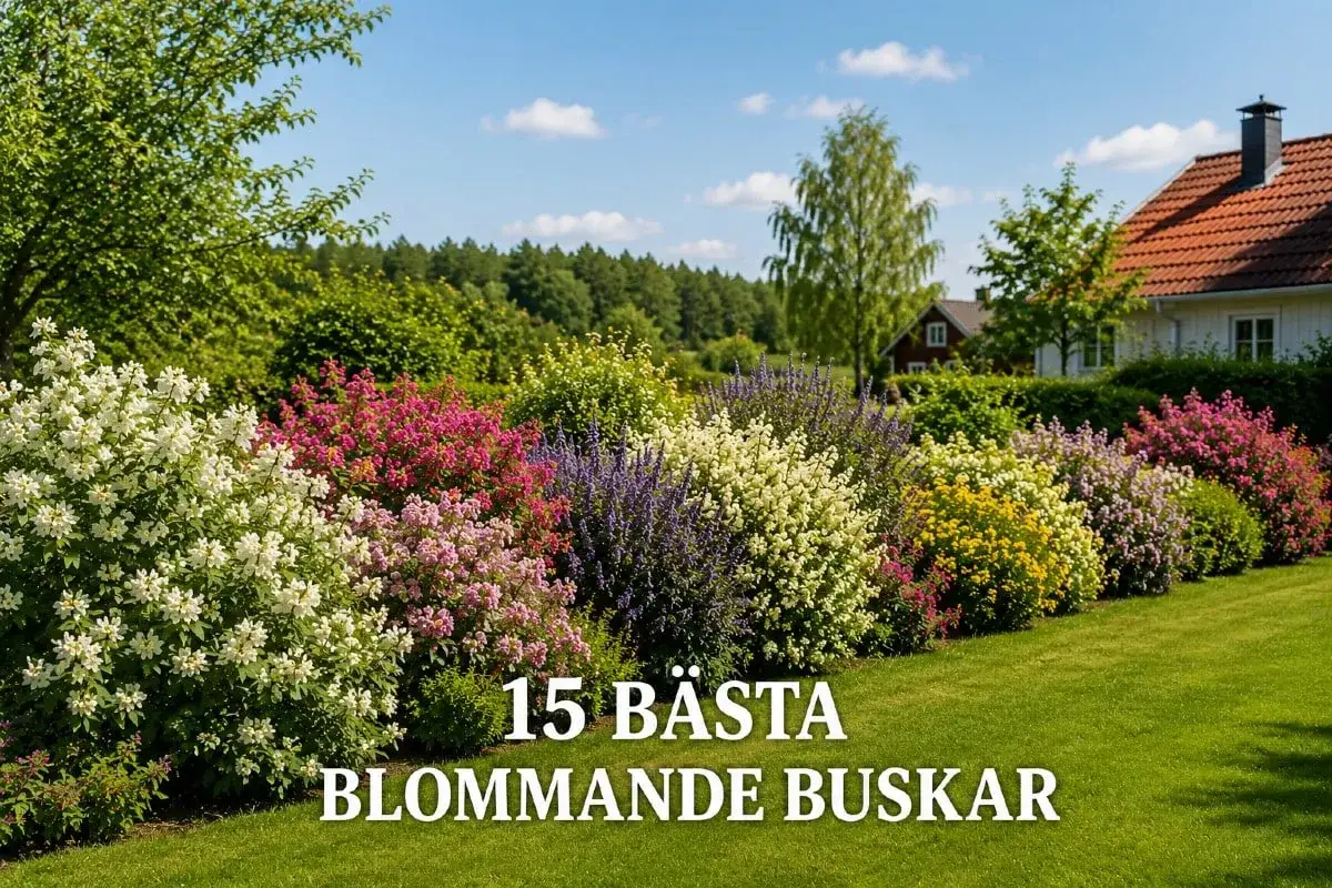 En rad med vackra, blommande buskar i olika f&auml;rger: vita, rosa, lila och gula. En fin buske som denna ger liv till tr&auml;dg&aring;rden.