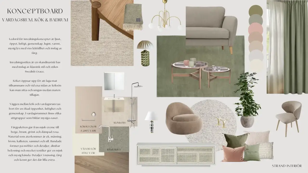 Inspirationsboard f&ouml;r vardagsrum, k&ouml;k och badrum i skandinavisk stil med inslag av Swedish Grace. En ljus och luftig k&auml;nsla med mjuka f&auml;rger och textilier.