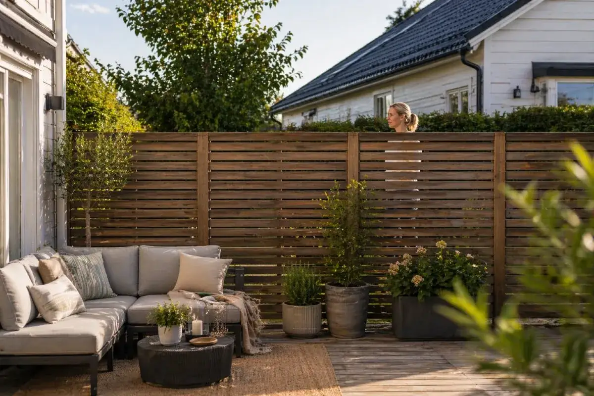 En kvinna tittar &ouml;ver ett modernt insynsskydd mot granne. En bekv&auml;m soffgrupp och planteringar skapar en mysig uteplats.