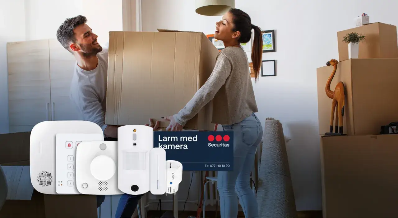 Ett par bär flyttkartonger. Säkerhetssystemet från Securitas ger tryggt boende.