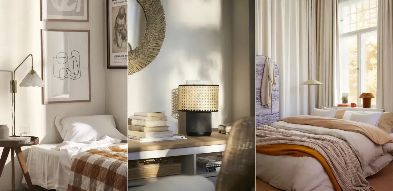 Sovrumsinspiration med mysig belysning: en v&auml;gglampa, en bordslampa i rotting och en taklampa.
