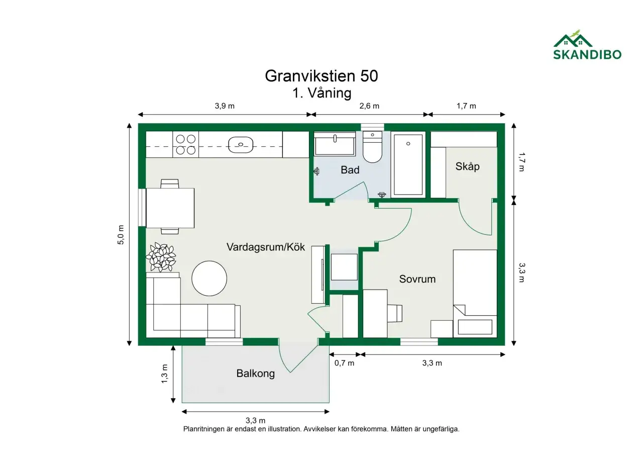 Planritning för lägenhet på Granvikstien 50, 1. Våning. Tydliga symboler på ritningar visar kök, badrum, vardagsrum, sovrum och balkong.