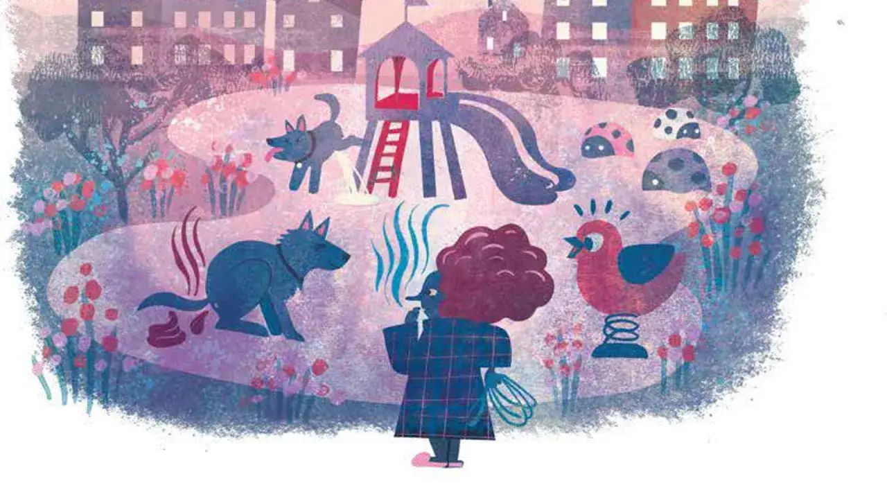 En lekplats med hundbajs, en person som röker och en studsande fågel. Illustrationen visar vikten av trivselregler brf för en trevlig boendemiljö.
