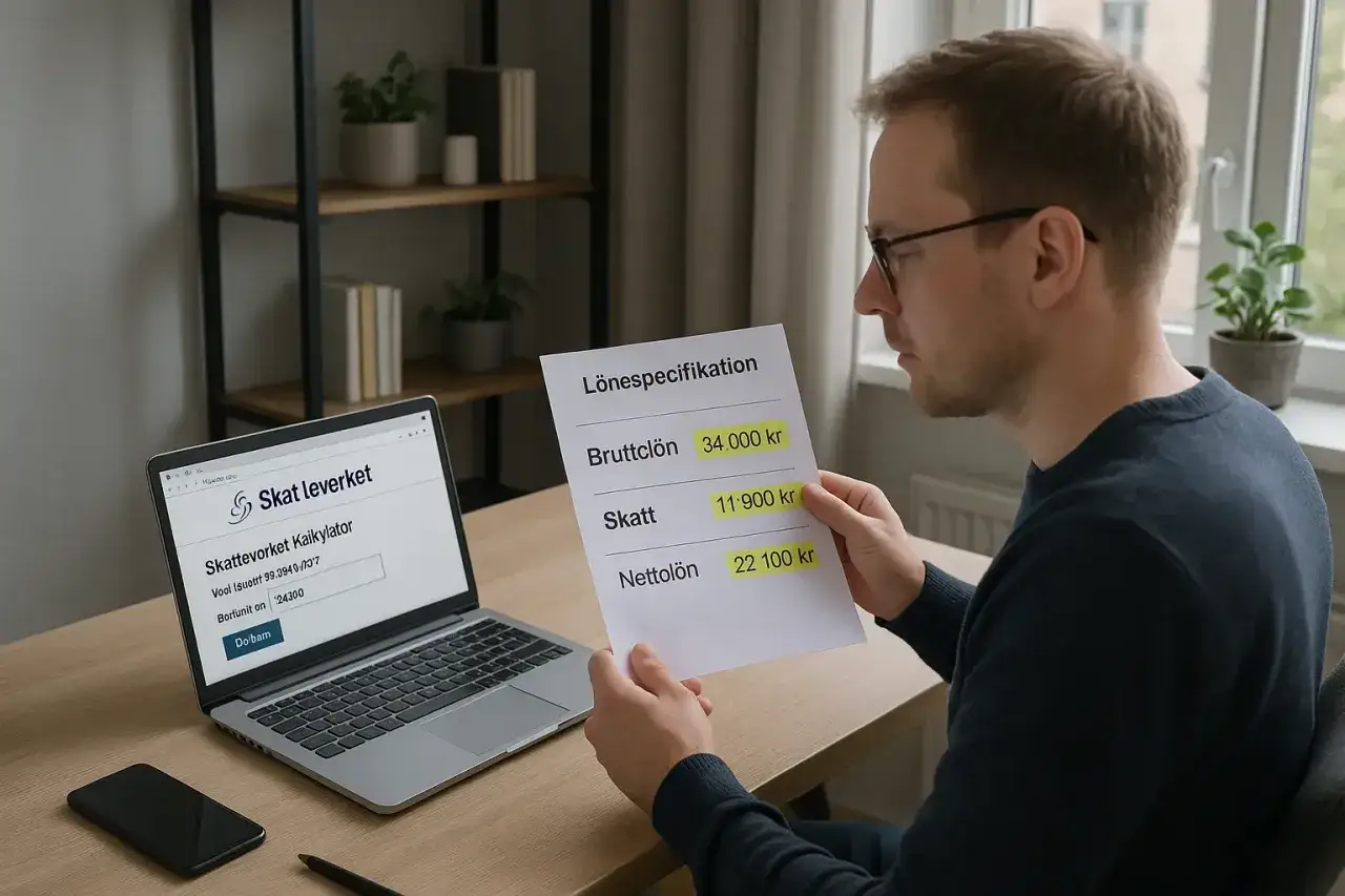 Man granskar lönespecifikation och använder Skatteverkets kalkylator. Kanske för att förstå hur fastighetsskatt för en industrifastighet påverkar.