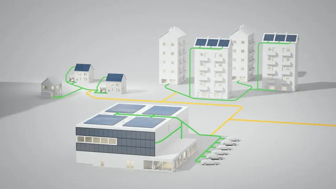 Illustration av solpaneler p&aring; taket av ett modernt hus och flera l&auml;genhetshus, kopplade med gr&ouml;na linjer. En energideklaration f&ouml;r brf kan visa hur detta system fungerar.
