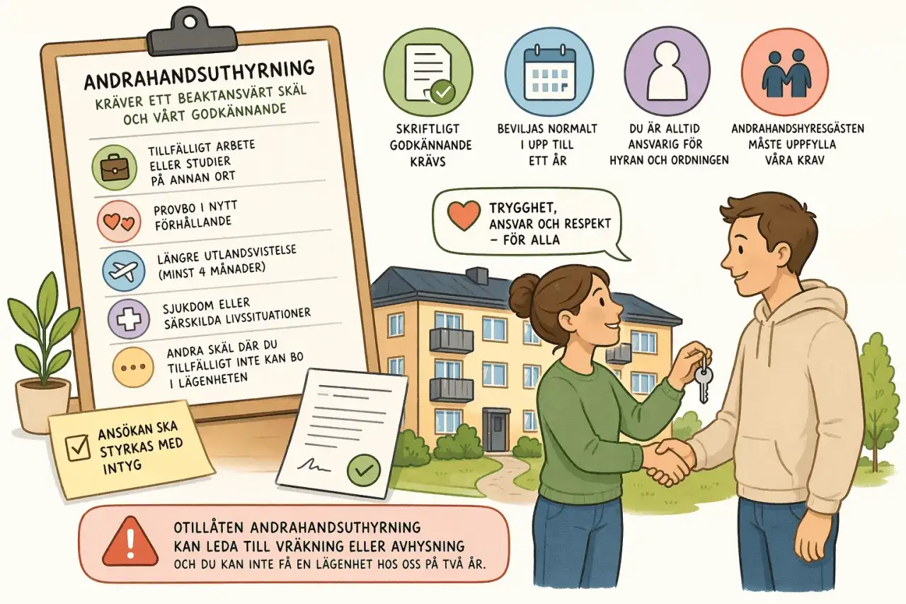 En kvinna ger en nyckel till en man framf&ouml;r ett hyreshus. Texten varnar f&ouml;r otill&aring;ten andrahandsuthyrning som kan leda till vr&auml;kning.