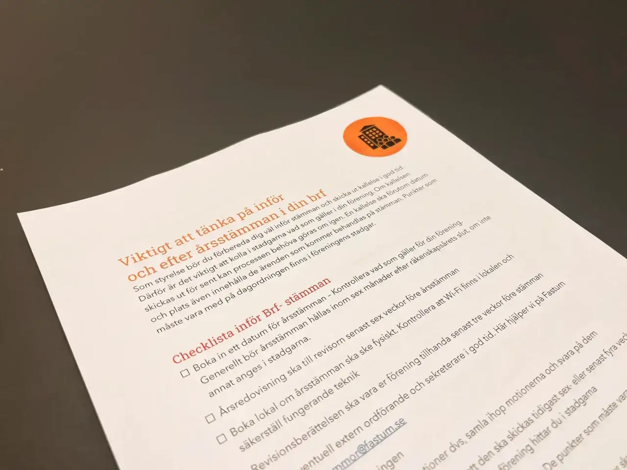 Checklista inf&ouml;r &aring;rsst&auml;mman i din brf. Viktigt att t&auml;nka p&aring; inf&ouml;r och efter st&auml;mman, inklusive stadgar.