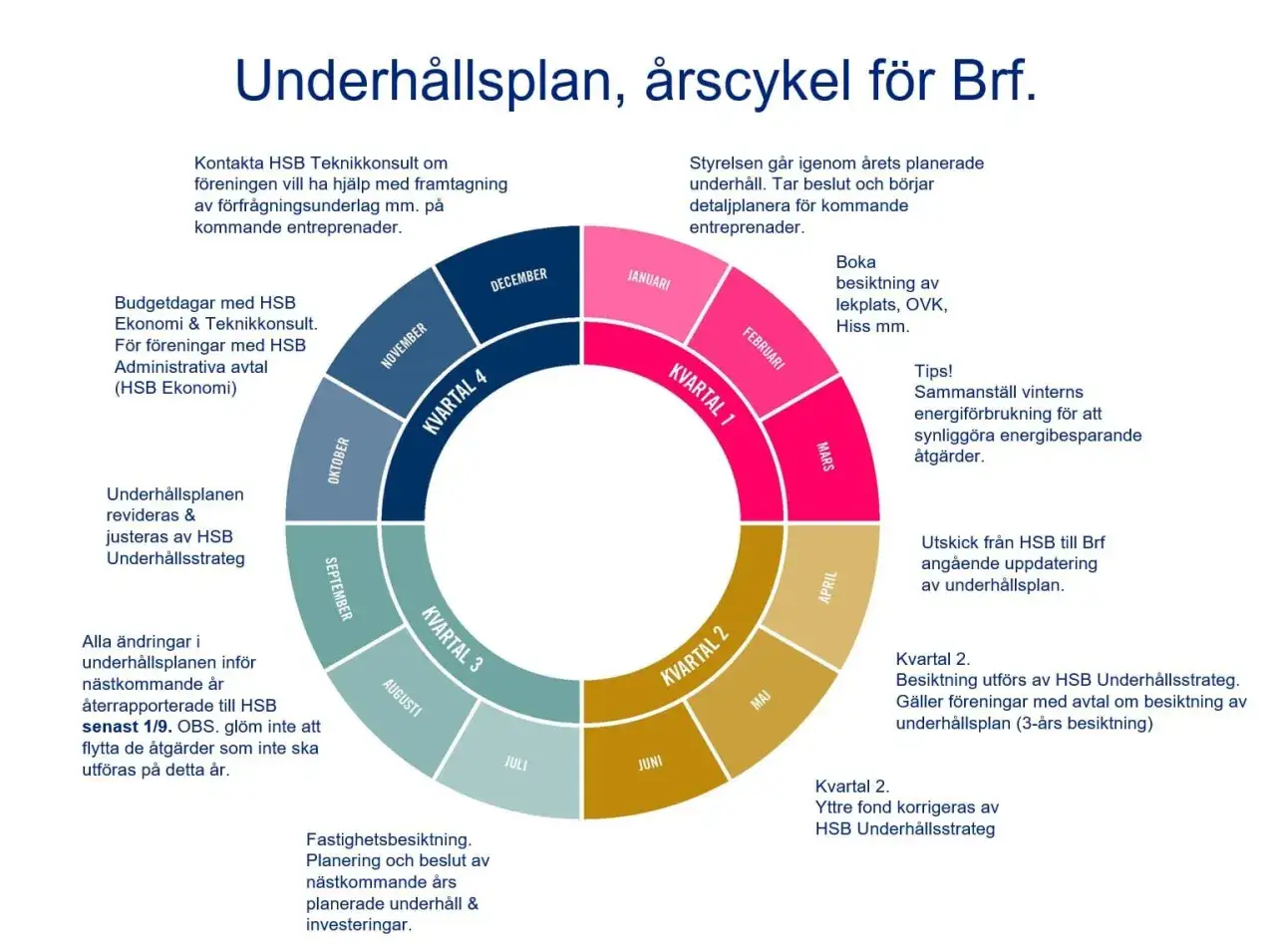 Årscykel för underhållsplanen med kvartalsindelning och aktiviteter. En ekonomisk plan för föreningen.