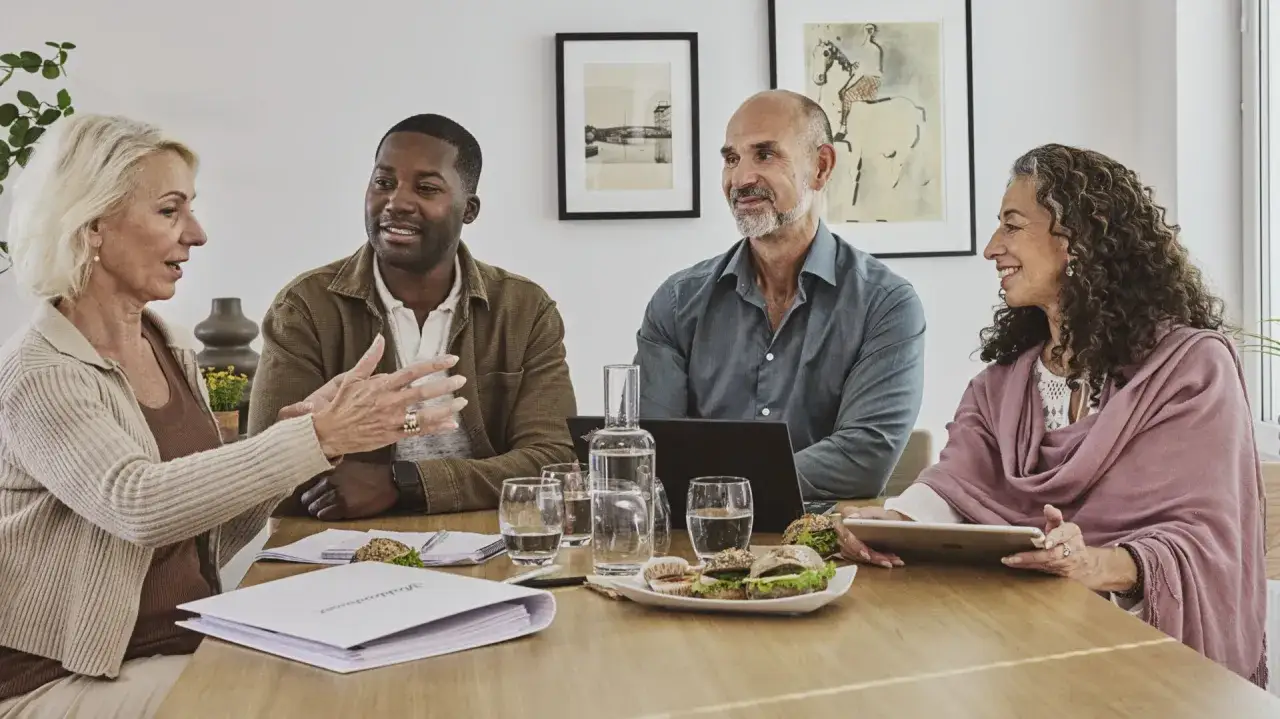 Mötesdeltagare diskuterar brf stadgar och nya regler vid ett bord med dokument och smörgåsar.