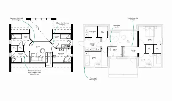 Planritning med symboler som visar planlösning, dörrhängning, kamin och takbalkar.