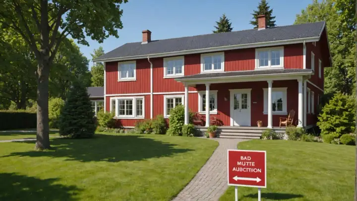 Rött hus med vita knutar och en skylt som indikerar att kronofogden auktion hus.